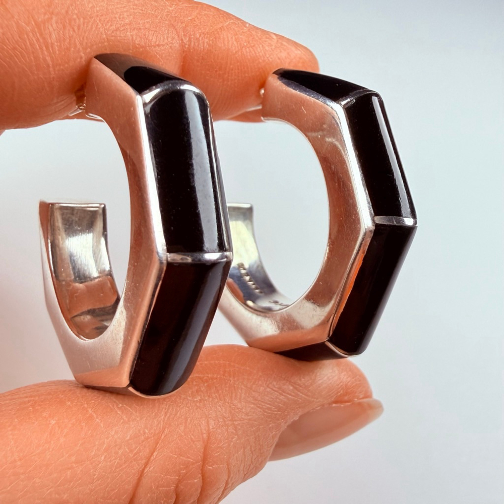 Modernist Taxco Hexagon Onyx Sterling Silver 950 Open 34mm Hoop VTG Earrings